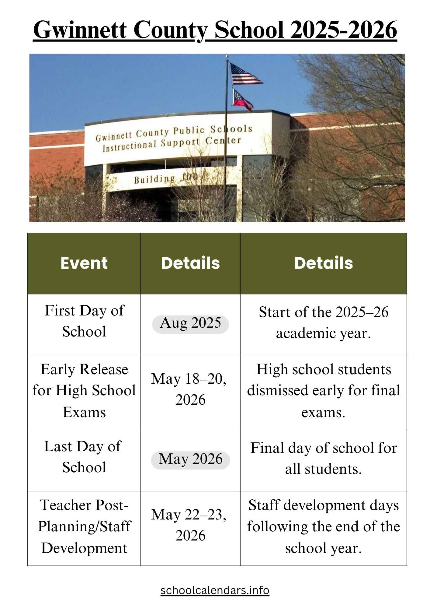 Gwinnett County School Calendar Schedule 2025 26