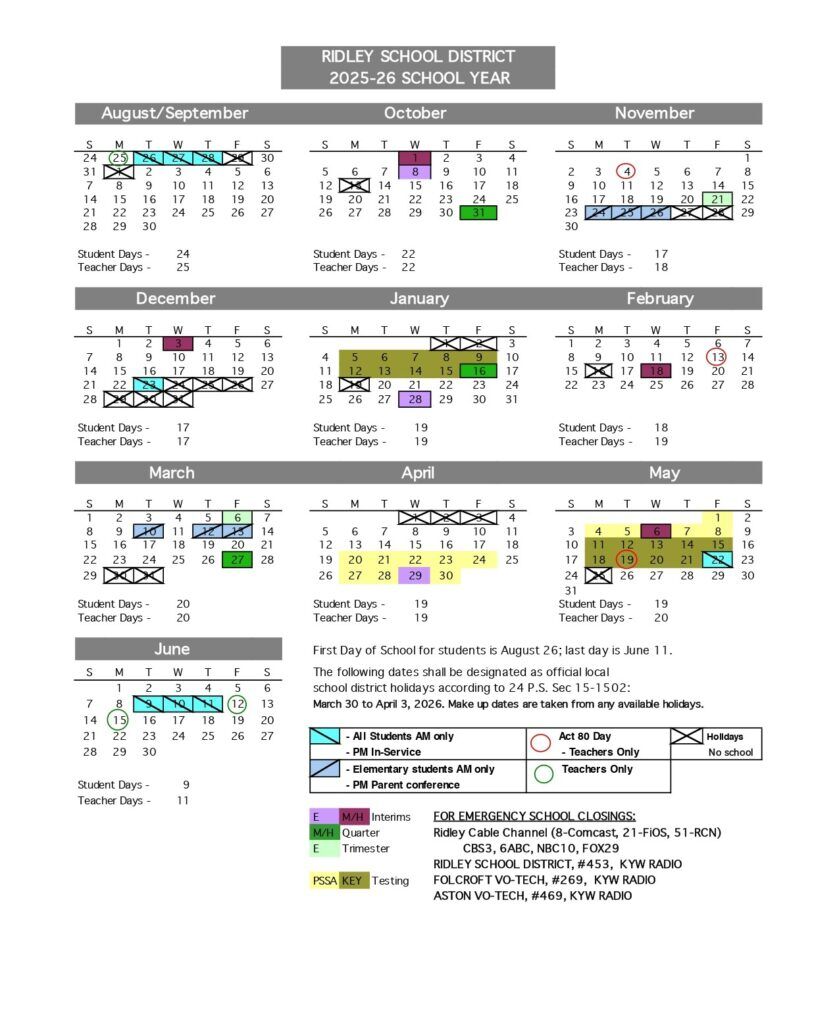Ridley School District Calendar 2025 2026 Holidays