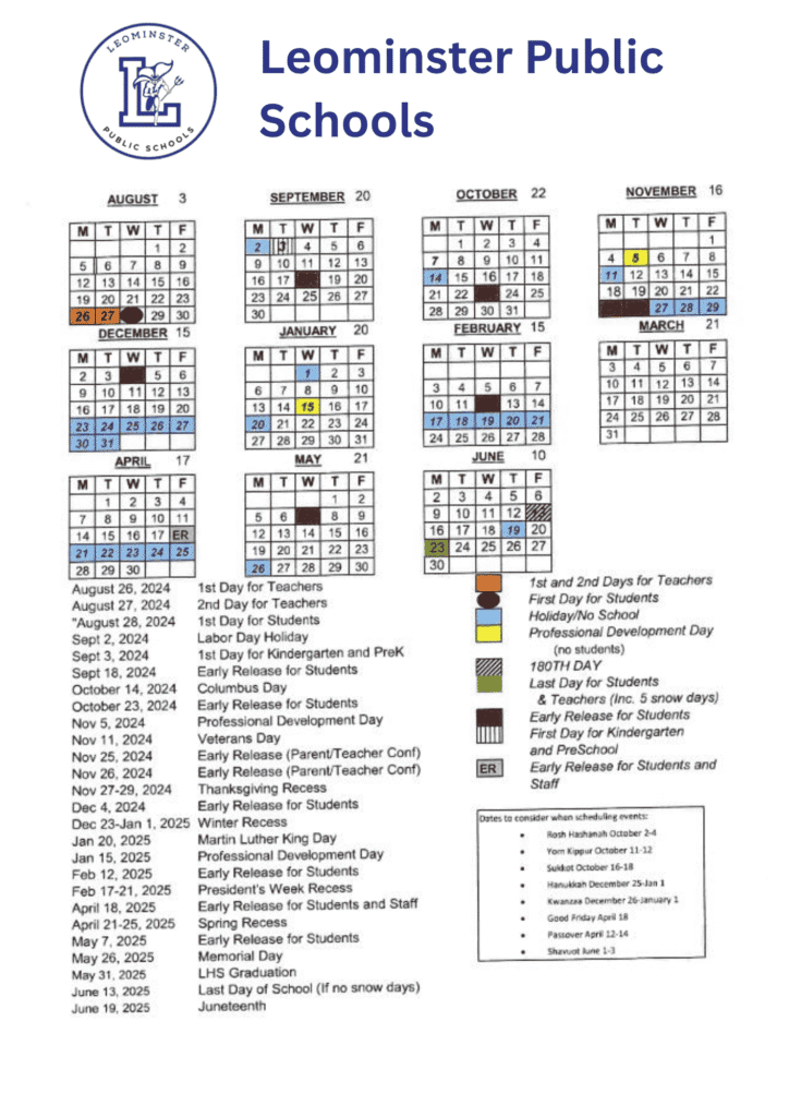 Leominster Public Schools Calendar 2025-2026 [Holidays]