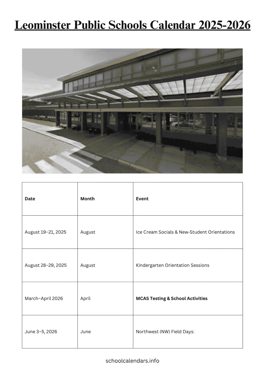 Leominster Public Schools Calendar 2025-2026 [Holidays]