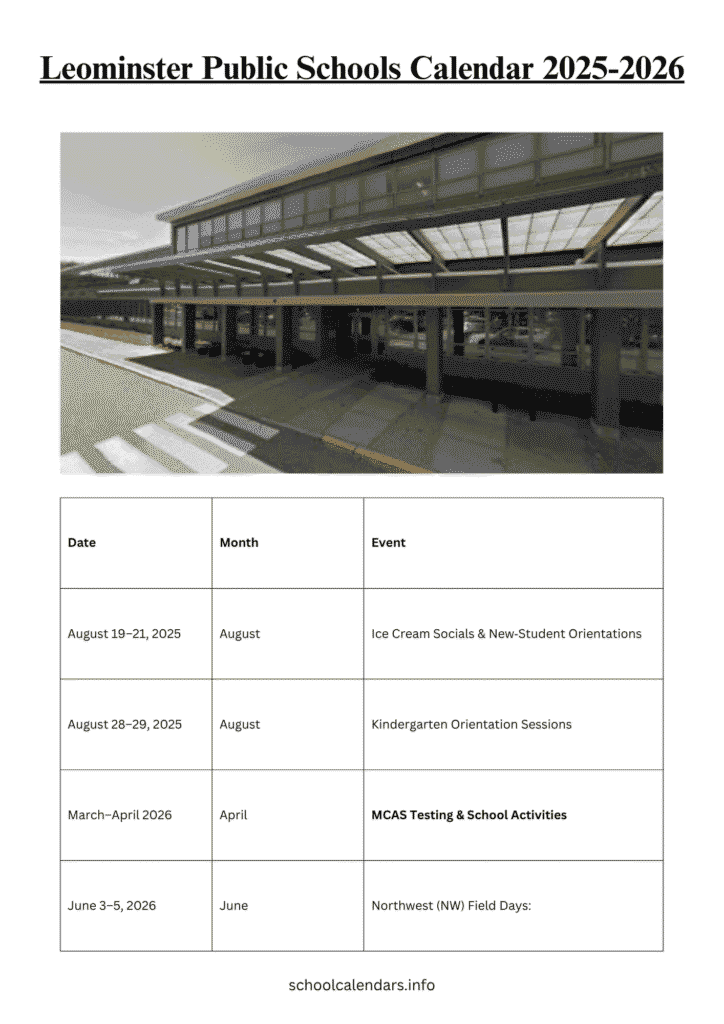 Leominster Public Schools Calendar 2025 2026 Holidays