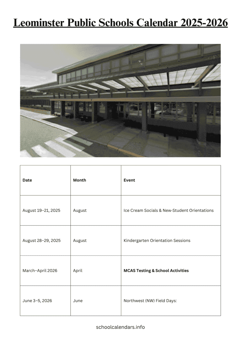 Leominster Public Schools Calendar 2025 2026 Holidays