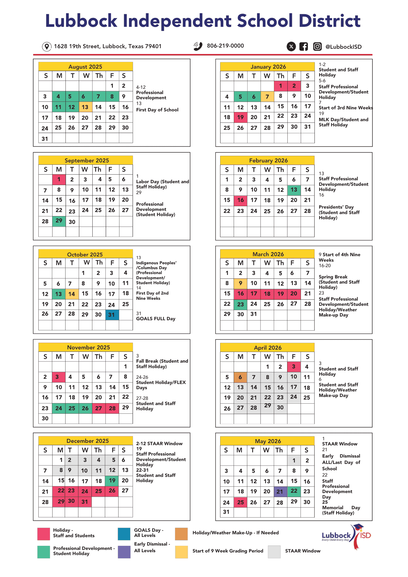 Lubbock Schools Calendar 2025 2026 Holidays