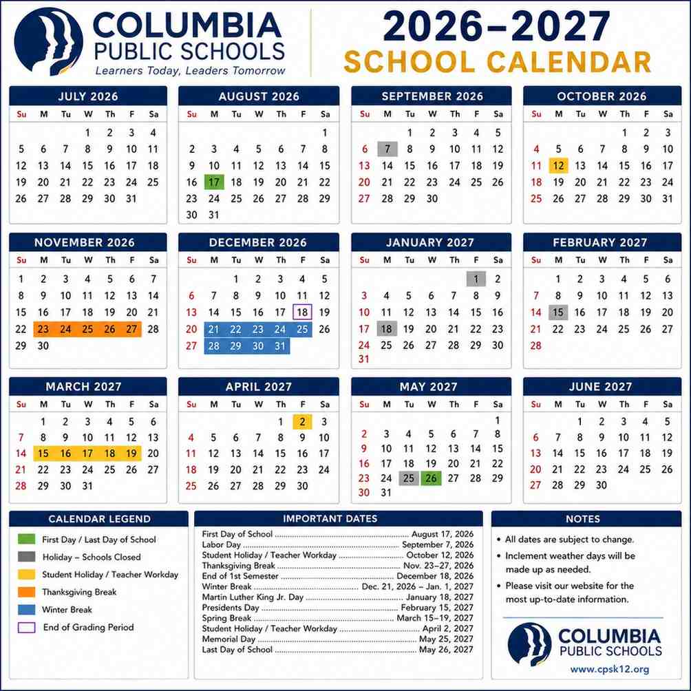 Columbia Public Schools Calendar 2026-2027 Holiday & Key Dates