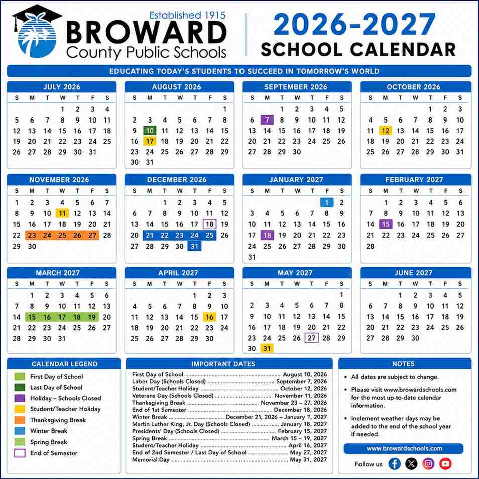 Broward Schools Calendar 2026-2027 Holidays, Breaks & Dates