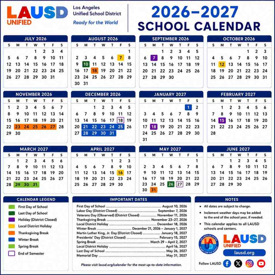 LAUSD School Calendar 2026-2027 Holidays & Breaks